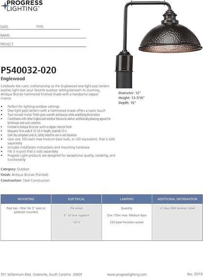 Progress Lighting Englewood Collection 1-Light Farmhouse Outdoor Post Lantern Light Antique Bronze, 13-7/16" x 16" x 12"