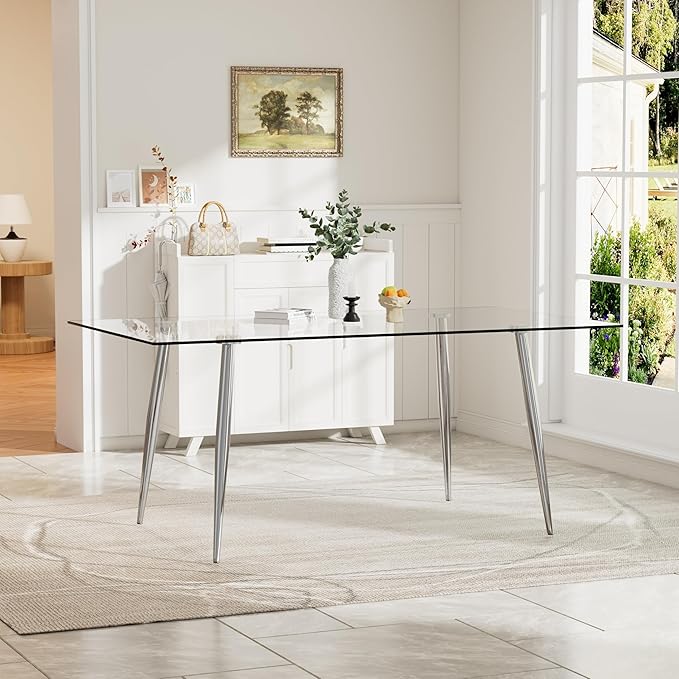 Baysitone Glass Dining Table for 4 with 63 inch Clear Tempered Glass Top, 0.31" Modern Rectangular Glass Kitchen Table Furniture with 4 Black Metal Legs for Home Kitchen Room