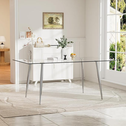 Baysitone Glass Dining Table for 4 with 63 inch Clear Tempered Glass Top, 0.31" Modern Rectangular Glass Kitchen Table Furniture with 4 Black Metal Legs for Home Kitchen Room
