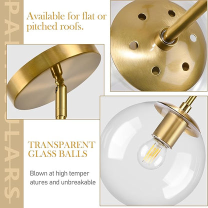 Bagood 8" Globe Pendant Light Gold 2 Pack Mid Century Pendant Light Globe Pendant Lights Kitchen Island Brushed Brass Finished with Clear Glass Adjustable Ceiling Light Fixtures for Dining Room Bar
