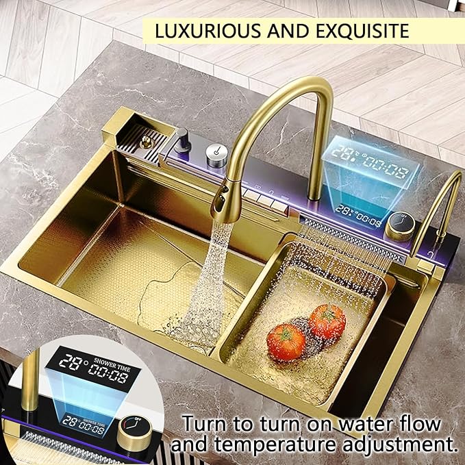 Sinks Countertop or Embedded Single Bowl Stainless Steel Kitchen Sink with Drain basket, cutting board, vegetable sink, multi-function pull-out faucet set (Gold, 33.4x18x9 In)