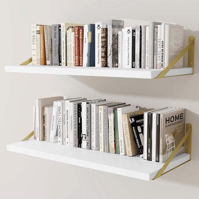 Deep Wall Shelves 30"W x 12"D Engineered Wood Floating Shelves for Wall, Sturdy Metal Bracket(Gold) Bookshelves Home Decor Storage for Living Room Bedroom Bathroom Kitchen, Set of 2, White Finish