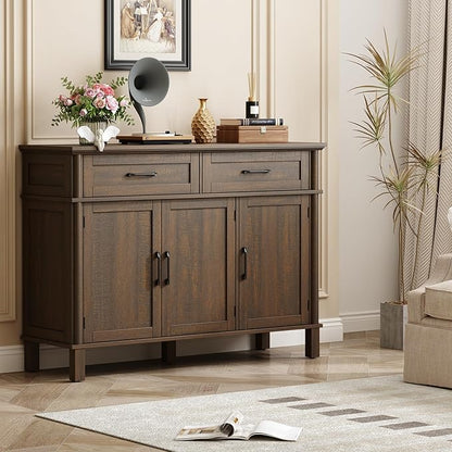 ONBRILL 48 Inches Buffet Cabinet with Storage, Farmhouse Sideboard Buffet w/2 Drawers and 3 Doors, Wood Coffee Bar Cabinet with Adjustable Shelves, Sideboard Storage for Kitchen, Living Room, Brown