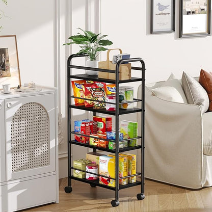 Asgolion Slim Storage Cart, 4-Tier Small Rolling Cart with Wheels, 9.1" Deep, Narrow Bathroom Shelf Trolley for Kitchen, Bathroom, Laundry Room, Black Large 4-Tier (9.1" W x 33.6" H)