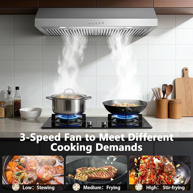 Under Cabinet Range Hood 30 inch, Stainless Steel Kitchen Hood 800CFM, Stove Hood with Push Button Control, Baffle Filters, Ducted/Ductless Convertible Duct