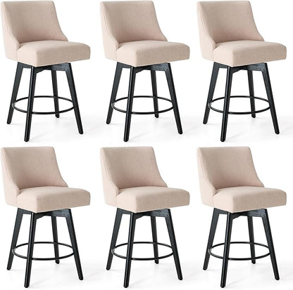 Counter Height Bar Stools Set of 6,Swivel Barstools with Backs and Wood Legs,Linen Fabric Upholstered Counter Stools for Kitchend Island,Mid-Century Modern 26"Seat Height Bar Chairs,Flax Beige