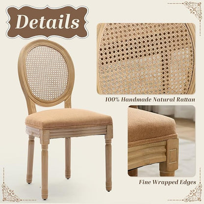 SoarFlash French Dining Chairs Set of 2, Vantage Dining Chair with Round Back, Wood Leg Farmhouse Country Rattan Dining Chair for Kitchen,Bedroom,Brown