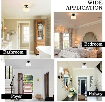 Black Schoolhouse Light Fixture 8" Mid Century Light Fixture Schoolhouse Light Fixtures Ceiling Milk Glass Light Fixtures Semi Flush Mount Ceiling Light for Bathroom (Bulb Incl.)