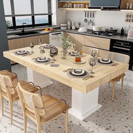 Hitow Dining Table for 6-8, 79-Inch Rectangular Wood Kitchen Table with Thicken Tabletop and Pedestal Base, Modern Office Conference Room Table, Dining Room Living Room Table, Oak&White