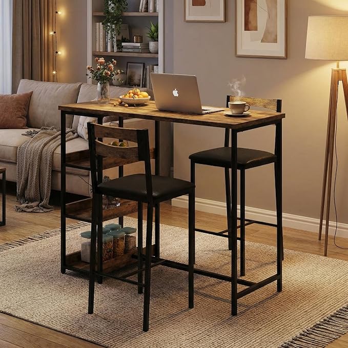 GarveeHome 3-Piece Kitchen Table Set with Storage Shelves & 2 Upholstered Chairs - Iron and Wood Dining Table for Small Spaces, Apartments, Condos, Rustic Brown