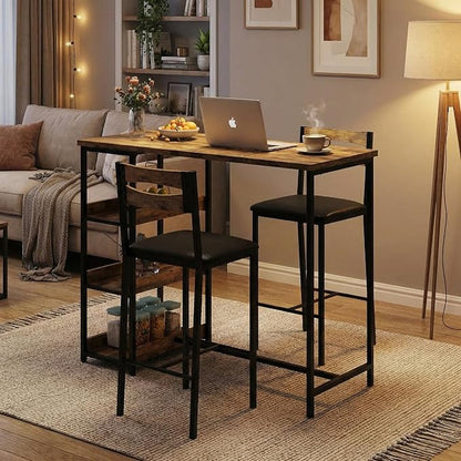 GarveeHome 3-Piece Kitchen Table Set with Storage Shelves & 2 Upholstered Chairs - Iron and Wood Dining Table for Small Spaces, Apartments, Condos, Rustic Brown