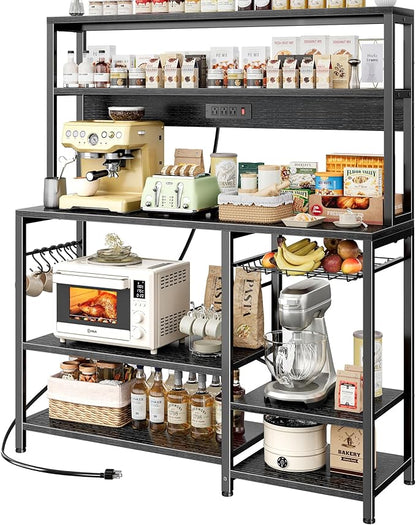 SUPERJARE Bakers Rack with Power Outlet, 47.2 Inches Coffee Bar with 3 Level-Adjustable Open Shelves, Wire Basket, Kitchen Microwave Stand with 6 S-Shaped Hooks, Black