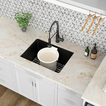 Kichae 24 Granite Composite Laundry Sink - 24"x18" Granite Laundry Utility Sink Undermount Black Quartz Under Counter Single Bowl Sink Basin