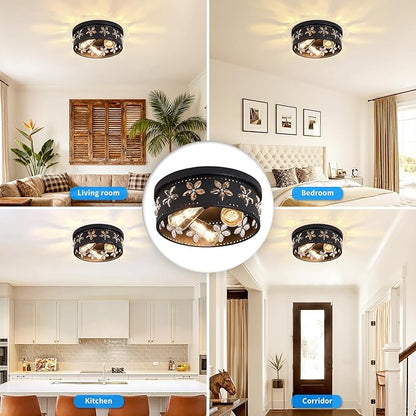 12.6 inch Black Flush Mount Ceiling Light Fixtures, 3-Light Ceiling Mount for Industrial, Crystal Light Fixtures for Farmhouse, Bedroom, Living Room, Kitchen, Hallway and Foyer (2 Pack)