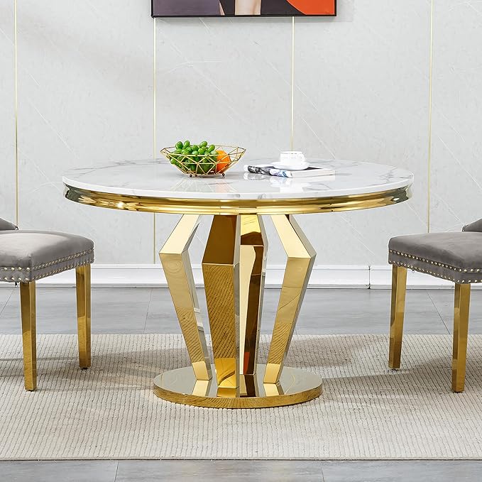 Round Marble Dining Table for 4 6，Modern 45" White Gold Kitchen Table with Faux Marble Top & Diamond Design Pedestal Base, American-Style Round Dining Room Dinner Table,Home Kitchen Furniture