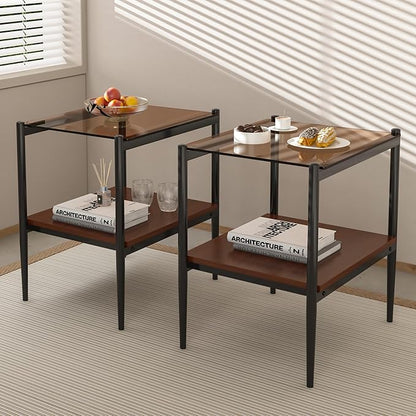 Set of 2 Glass End Table, 2-Layer Glass Living Room Table, Modern Tea Table Side Tables for Home Office Furniture