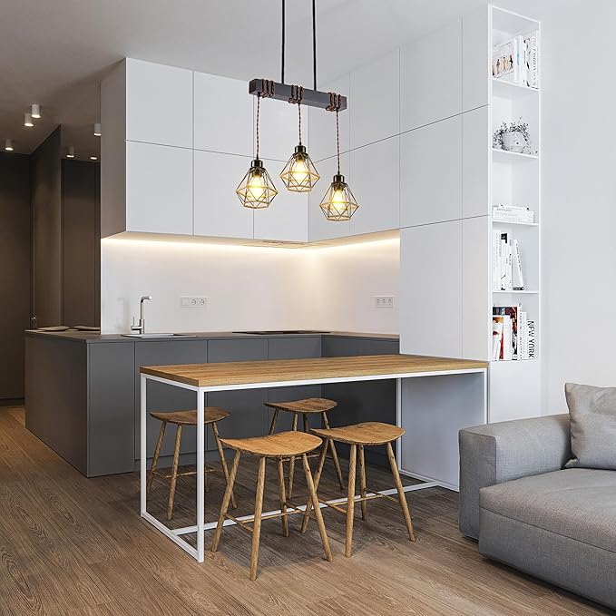 3 Light Kitchen Island Lighting, Farmhouse Chandeliers for Dining Room Light Fixtures Over Table, Modern Wood Pendant Lights Kitchen Island with Metal Lampshade