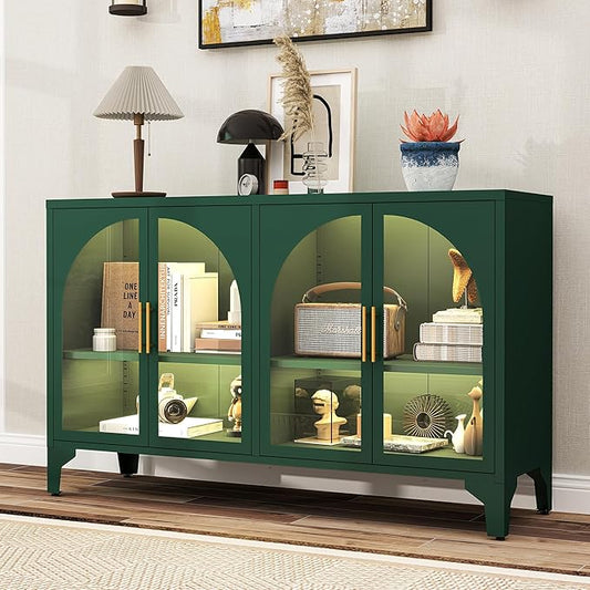 Foreate Arched Sideboard Buffet Cabinet with Storage & LED Light, 53.2" Large Buffet Cabinet with 4 Glass Door & Adjustable Shelf, Modern Farmhouse Sideboard Credenzas Metal Kitchen Buffet, Green