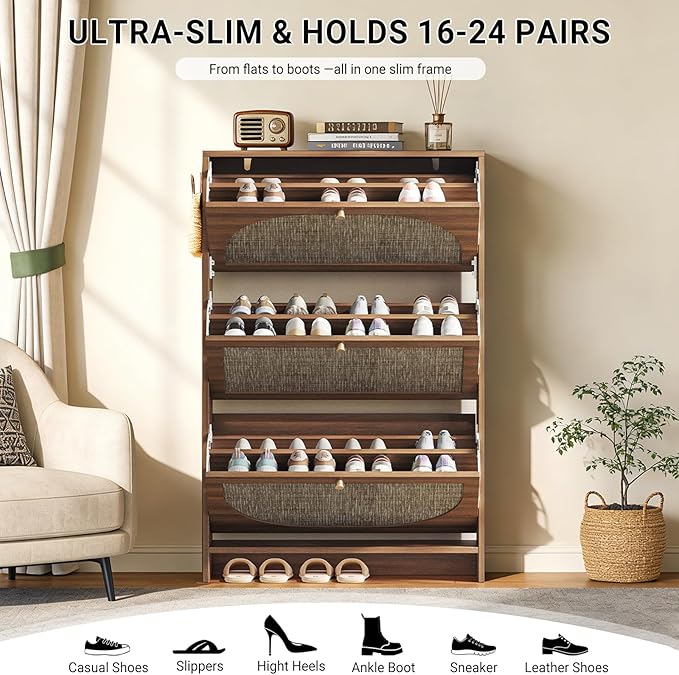 Nicetree Shoe Storage Cabinet for Entryway, Rattan Vintage Flip Shoe Rack- 3 Flip Drawers & 3-Tier Adjustable Shelves,Boho Shoe Organizer for 24-30 Pairs - Fits Size 12 Boots, 9.5" Ultra Slim (Oak)