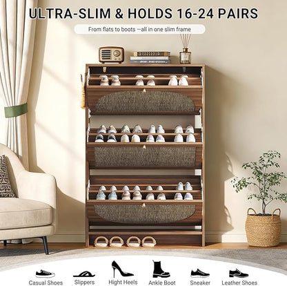 Nicetree Shoe Storage Cabinet for Entryway, Rattan Vintage Flip Shoe Rack- 3 Flip Drawers & 3-Tier Adjustable Shelves,Boho Shoe Organizer for 24-30 Pairs - Fits Size 12 Boots, 9.5" Ultra Slim (Oak)
