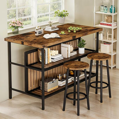 DKLGG 3 Piece Dining Table Set for 2,Kitchen Island with Seating & Storage,Industrial Bar Table and Chairs Set,Space-Saving Pub Table Set for Small Space (Rustic Brown)