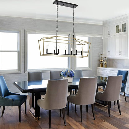 7-Light Farmhouse Lantern Island Chandelier, Black and Gold Rectangular Kitchen Island Light Fixture, Modern Dining Room Hanging Ceiling Light Over Table, E12 Candle Base
