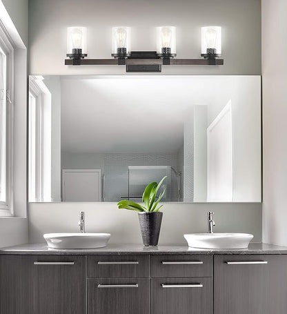 JONATHAN Y 32" Oil Rubbed Bronze LED Vanity Light, Rustic Farmhouse Sconce, Clear Seeded Glass Shade, Industrial Wall Lamp for Bathroom Mirror, Kitchen Sink, LED Bulb (JYL7510A)