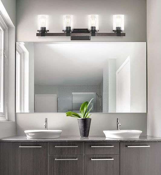 JONATHAN Y 32" Oil Rubbed Bronze LED Vanity Light, Rustic Farmhouse Sconce, Clear Seeded Glass Shade, Industrial Wall Lamp for Bathroom Mirror, Kitchen Sink, LED Bulb (JYL7510A)
