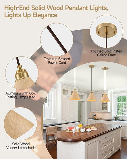 1 Pack Wood Pendant Lights Kitchen Island, 8.3” Small Pendant Light, Adjustable Gold Height Kitchen Hanging Light, Nordic Island Lights for Dining Room, Bedroom, Hallway, Bar(Natural Wood)