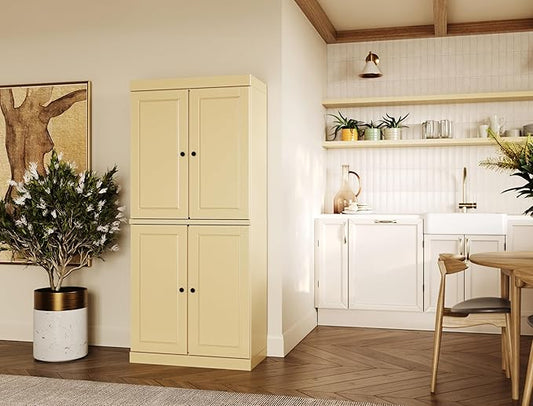 Palace Imports Solid Wood Kitchen Pantry Cabinet - 71.5" Tall x 32" Wide - Wooden Storage Cabinet with 4 Doors & Adjustable Shelves, Yellow, 100% Renewable Eco-Friendly Wood, Made in Brazil