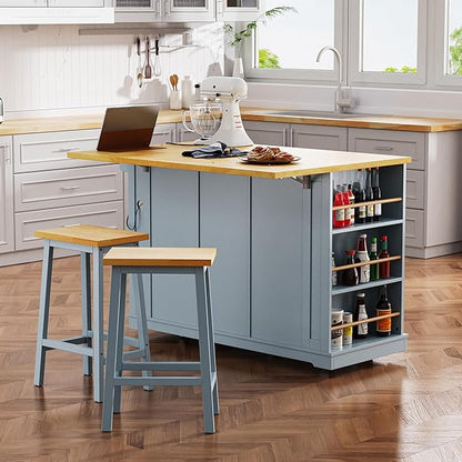 YOPTO 53" Large Kitchen Island Set with 2 Bar Stools, Power Outlet & Storage, Drop Leaf, 3 Drawers & 5 Open Racks, Grey Blue