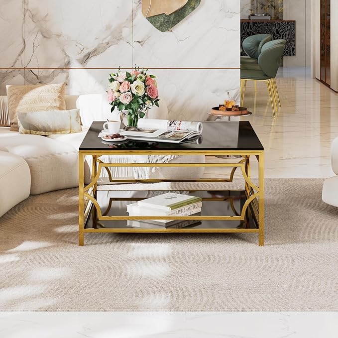 Harper & Bright Designs Square Glass Coffee Table in 33.5",Luxurious Geometric Metal Frame,Gold Finish & Lower Shelf