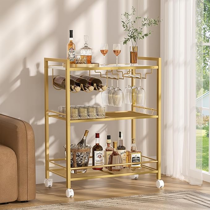 Joaxswe Bar Cart, Home Bar Serving Cart with 3-Tier Shelf,Microwave Cart with Lockable Wheels,Mobile Kitchen Shelf,Rolling Beverage Cart with Wine Rack and Glass Holder for Kitchen,Dinning Room,Gold