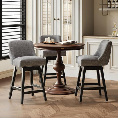 MALOL Swivel Bar Stools, 27" Counter Height Kitchen Stools with Padded Seats and Solid Wood Legs, Upholstered Barstools for Kitchen Island, Breakfast Nook (Dark Gery)