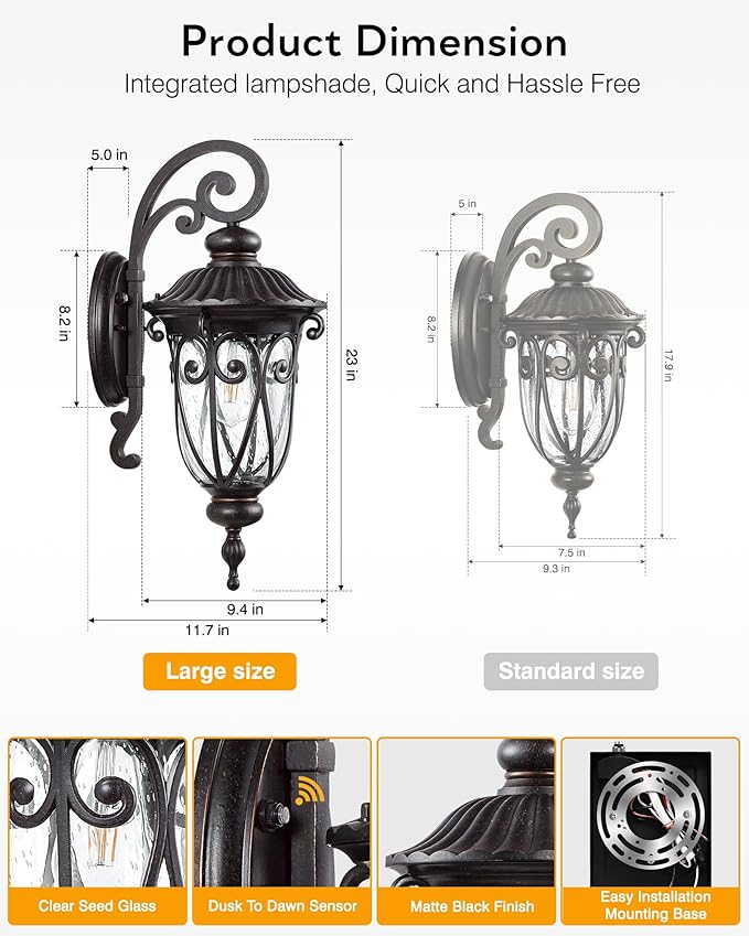 VIANIS Large Outdoor Lights for House Dusk to Dawn, Porch Lights Bronze, Waterproof Outdoor Light Fixture with Seed Glass,Anti-Rust Dusk to Dawn Outdoor Lighting for House, Porch, Entryway