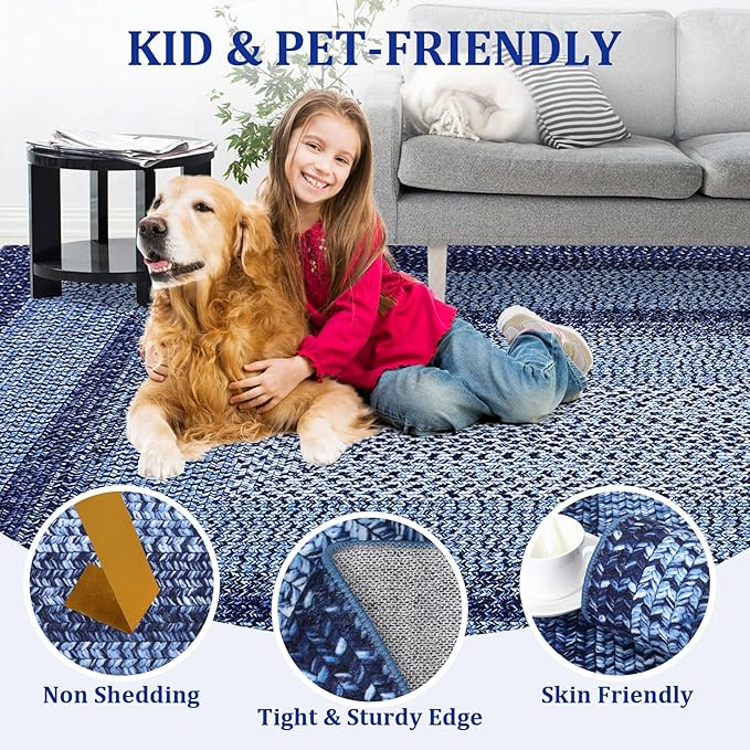 Printed Washable Runner Rug 2x10 Runners for Hallways Braided Rug Non Slip Bath Mat Modern Soft Bedroom Rug Farmhouse Kitchen Rugs Entryway Rugs Stain Resistant Carpet 2'x10' Navy