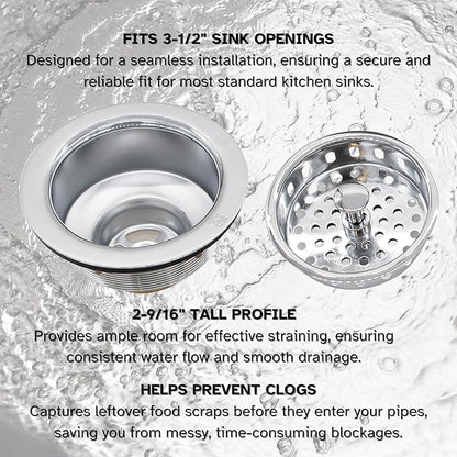 Westbrass A2165-26 4-1/4" OD Post Style Large Kitchen Basket Strainer with Waste Disposal Flange and Stopper Drain Set, Polished Chrome