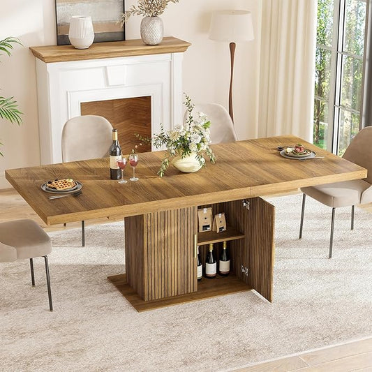 Zevemomo 62.99"-78.74" Expandable Dining Table with Storage, Extendable Dining Table for 6-10 People, Extra Hidden Storage for Tableware & Wine, Modern Farmhouse Table for Kitchen Living Room-Brown