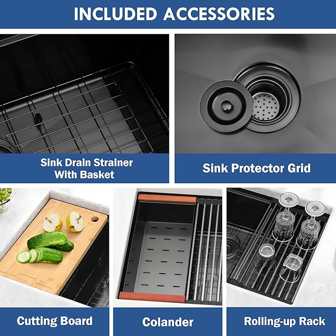 32 Inch Black Undermount Kitchen Sink,16 Gauge 304 Stainless Steel Kitchen Sink Single Bowl, 32"x19"x10" Undermount Sink Ledge Workstation Sinks With All Accessories, Large and Deep Sink