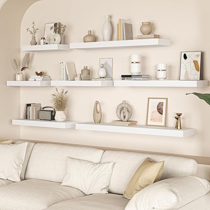Fun Memories 40 Inch Floating Shelves, 12 Inch Deep Wall Shelves, 40 x 12 Floating Shelf Set of 2, White Wood Floating Shelf Wall Mounted, Large Kitchen Living Room Bedroom Bathroom Storage Shelves