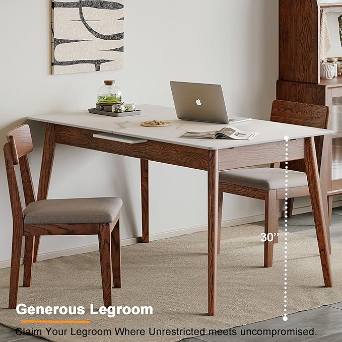 Solid Oak Extendable Dining Table with Stone Slab Tabletop for 4-6 People, Seamless Expansion, Diagonal Legs, Farmhouse Kitchen Table for Small Spaces (Walnut-Slate)