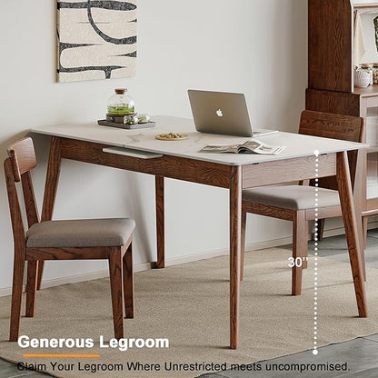 Solid Oak Extendable Dining Table with Stone Slab Tabletop for 4-6 People, Seamless Expansion, Diagonal Legs, Farmhouse Kitchen Table for Small Spaces (Walnut-Slate)