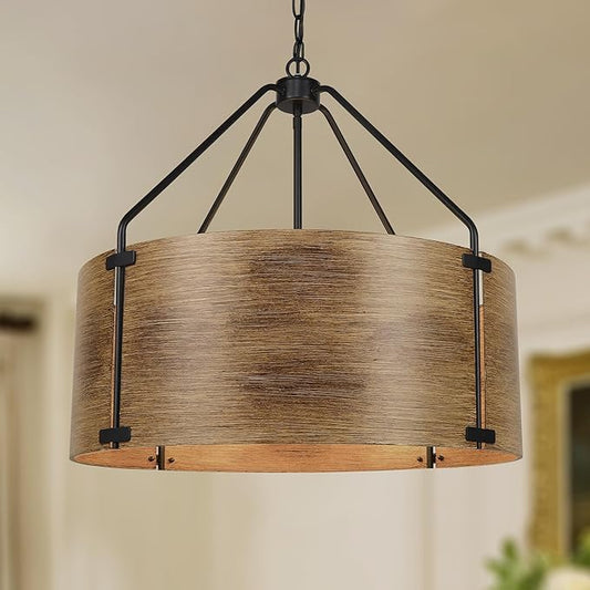 CNRATYE 6-Light Farmhouse Dining Room Light Fixtures Over Table, Vintage Industrial Large Drum Chandelier, Rustic Round Coastal Chandelier for Entryway Kitchen Island, Antique Woodgrain Finishe