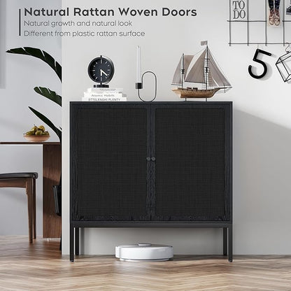 Brafab Set of 2 Black Sideboard Buffet Cabinet with Natural Rattan Decorated Doors, 31.5" W Rattan Cabinet, Console Storage Cabinet, Boho Credenza for Living Room, Entryway, Dining Room/Square Doors