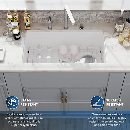 32 White Undermount Kitchen Sink, Hugsleek Topmount & Undermount Kitchen Sink 32x19 inch White Porcelain Ceramic Fireclay Sinks Dual Mount Accessories Single Bowl Under Counter Sinks Basin Drop In