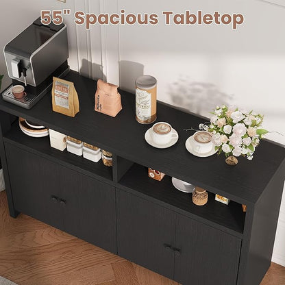 IDEALHOUSE Buffet Sideboard Cabinet with Storage, 55" Large Farmhouse Kitchen Storage Cabinet with 4 Doors & Adjustable Shelves, Wood Coffee Bar Cabinet for Kitchen, Dining Room, Living Room