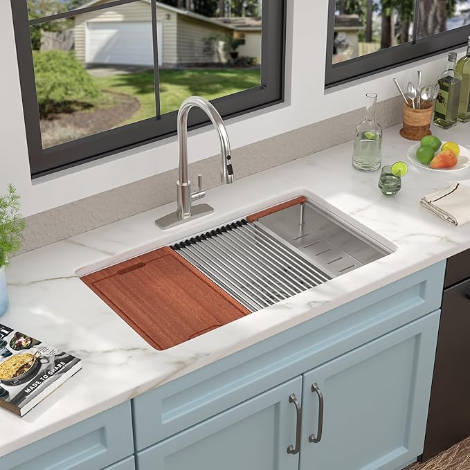 33 Granite Composite Kitchen Sink Double Bowl - Fulorni 33"x19" Granite Kitchen Sink Ledge Workstation White Undermount Double Bowl 50/50 Quartz Classic Under Counter Basin