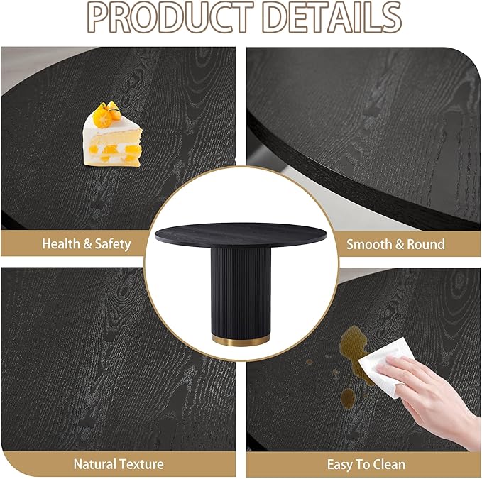 Round Dining Table Set for 6, 46.46" Modern Farmhouse Dining Table and 4 Leather Dining Chair, Circle Kitchen Tables with Wood & Gold Stainless Steel Base for Living Room, Kitchen, Black