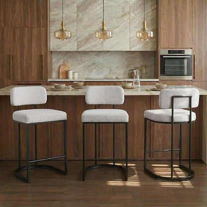 26" H Counter Height Bar Stools Set of 4, Modern Linen Fabric Upholstered Barstools with Backrest for Kitchen Island, Black Metal Frames, Wheat