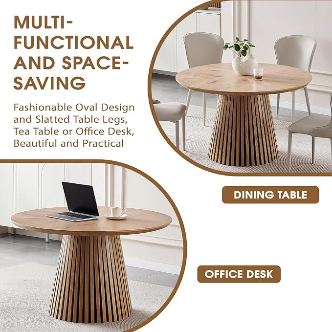 39.37-70.87 in Extendable Round Dining Table for 4 6 8, Modern Farmhouse Oval Dining Table with Removable Leaves & Solid Slatted Base, Wooden Expandable Dining Room Table for Kitchen Living Room
